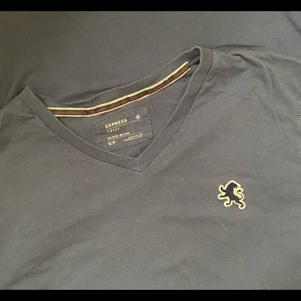 Express Men’s Jersey Blue V-Neck T-Shirt with Embroidered Lion Size Small
